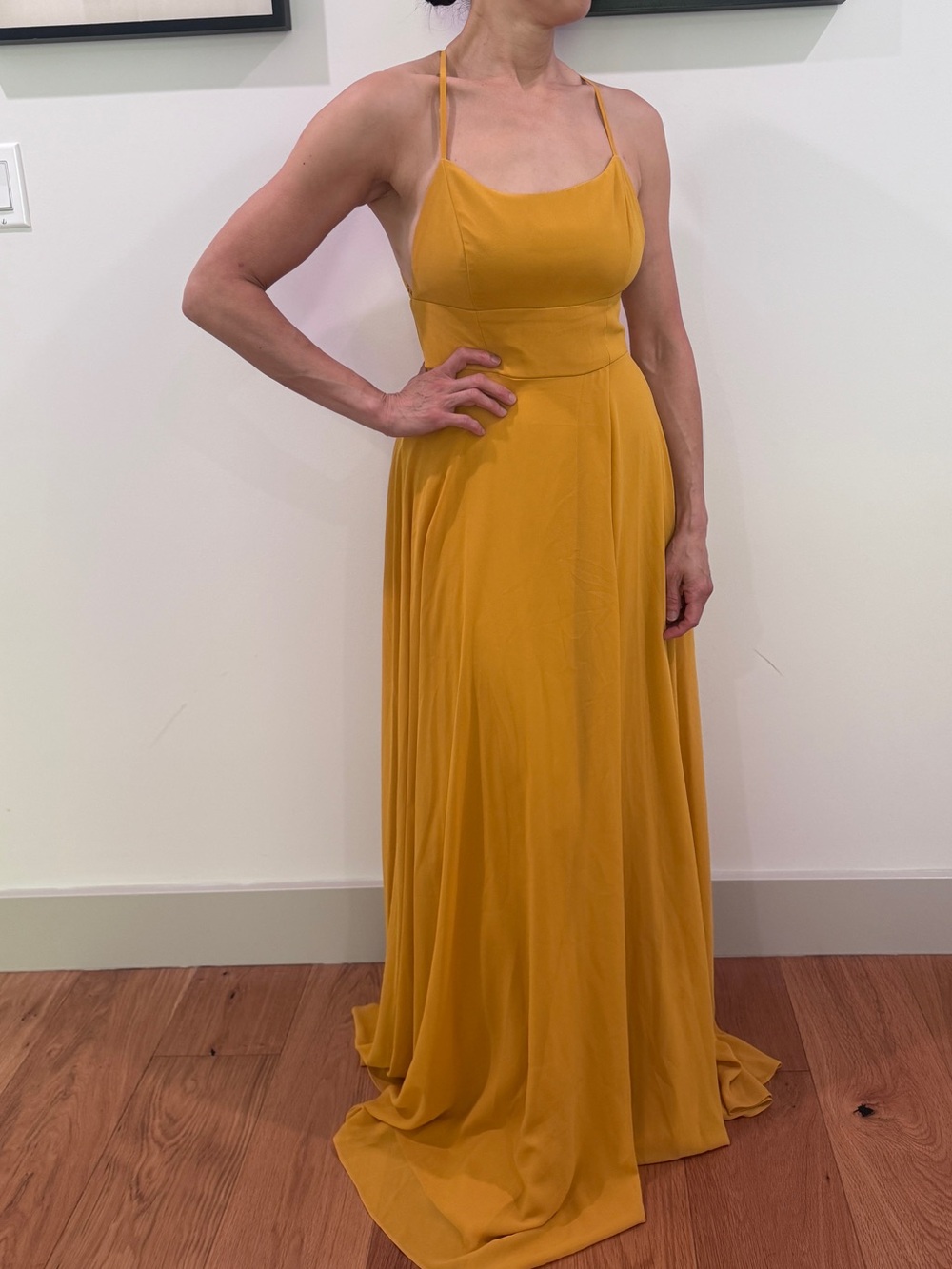 Lulu’s Mustard Yellow Halter Maxi Dress with slit, size small